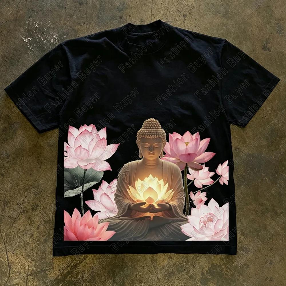 2026 Buddha Says Relax Print Tshirt Tops Unisex Shortsleeved Retro Hip Hop Harajuku Street Y2k Casual Fashion Tops Clothing