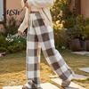 Loose Fit Casual Pants Women Plaid Wide Leg Pants, Drawstring High Waist Thick Coral Fleece Breathable Thermal Lounge Trousers Warm Loungewear,