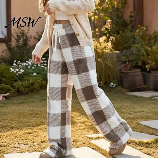 Loose Fit Casual Pants Women Plaid Wide Leg Pants, Drawstring High Waist Thick Coral Fleece Breathable Thermal Lounge Trousers Warm Loungewear,