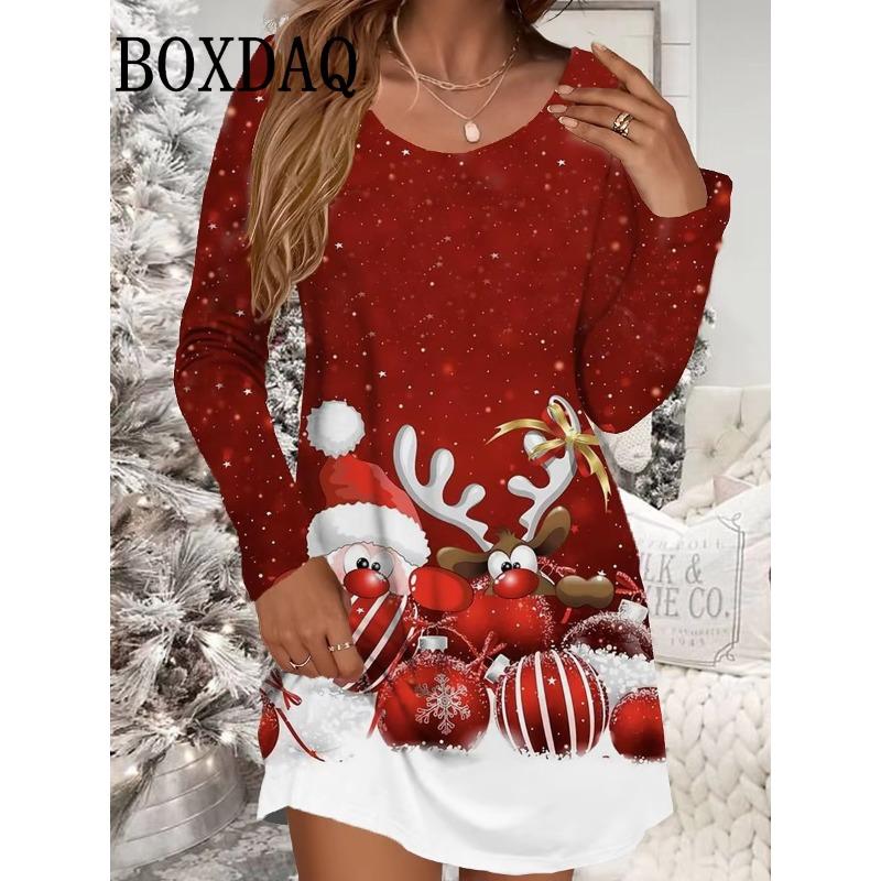 Autumn Winter Women Dresses Christmas Snowflake Print Dress Casual Party Clothing Long Sleeve Women's Loose