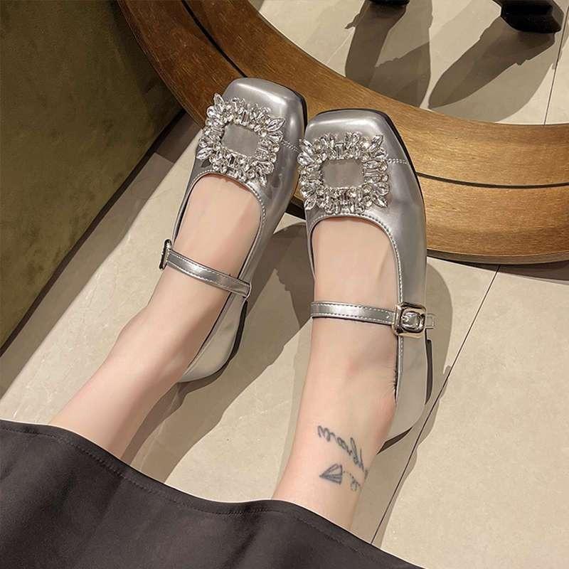New temperament square head Mary Jane rhinestone spring soft leather single shoes women's soft flats