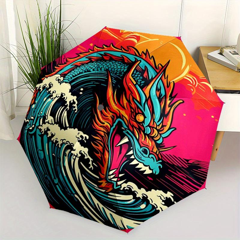 1pc Ocean Dragon Automatic Open/close Folding Compact Umbrella, 8 Rib Sturdy Canopy, Lightweight Portable, Everyday Use, Gift,,140