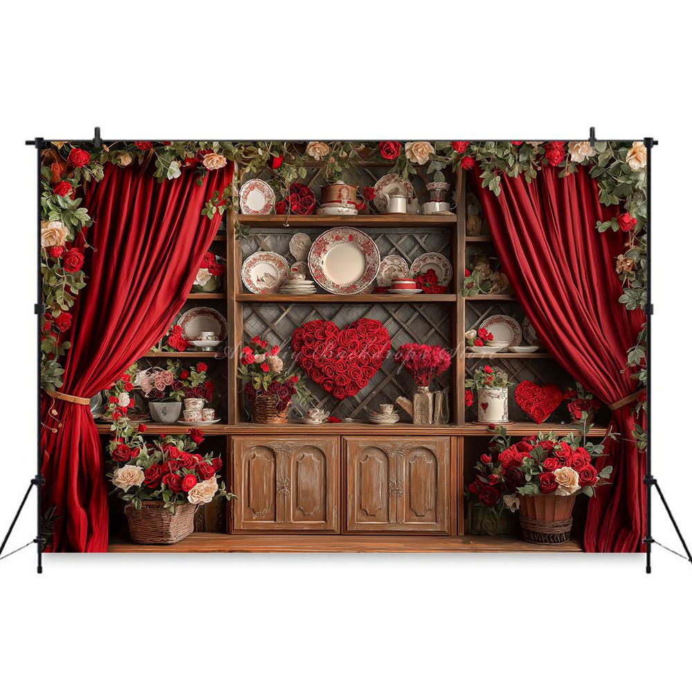 Valentine's Day red rose heart-shaped wooden cabinet banner shooting Backdrop, Valentine's Day adult portrait shooting Backdrop11