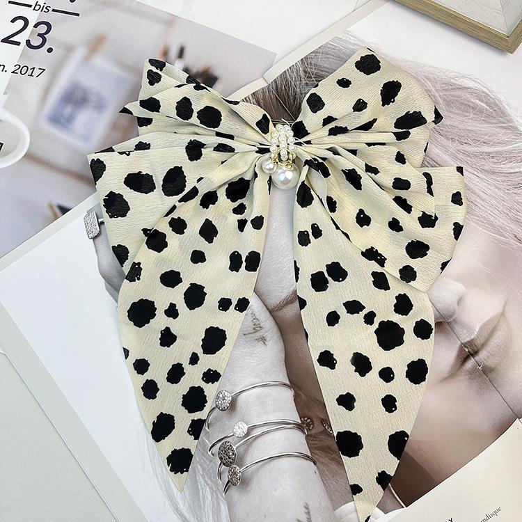 1Pcs Vintage Thousand Bird Grid Large Bow Hairpin with Satin and Pearl Hairpin Fashionable for Women