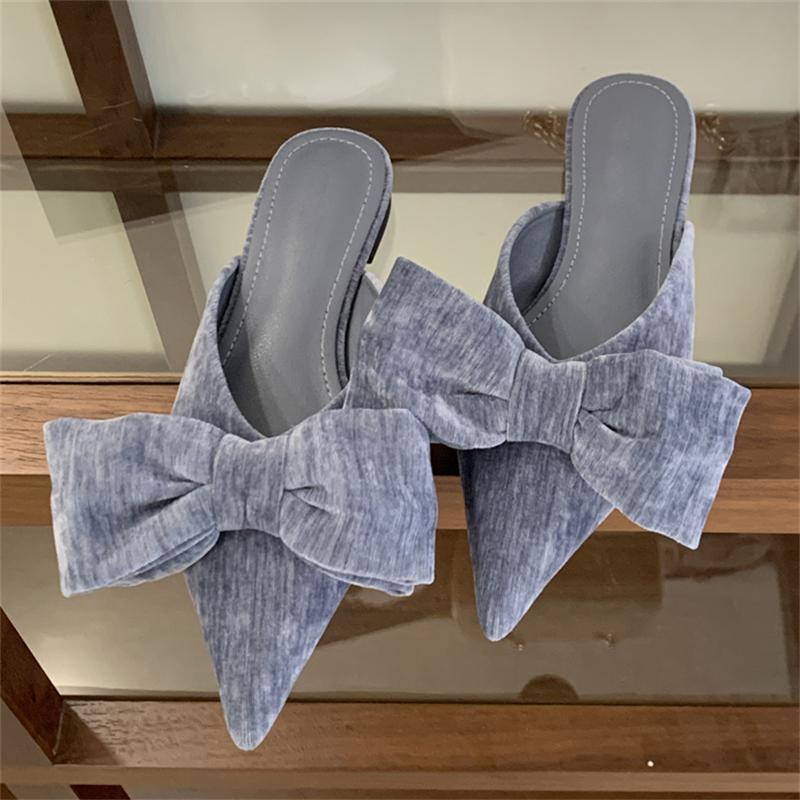 Pesstwei 2026 Frühling Herbst Elegante Designer Großer Schmetterlingsknoten Mules Damenschuhe Spitze Stripper Quadratischer Absatz Damenschuh