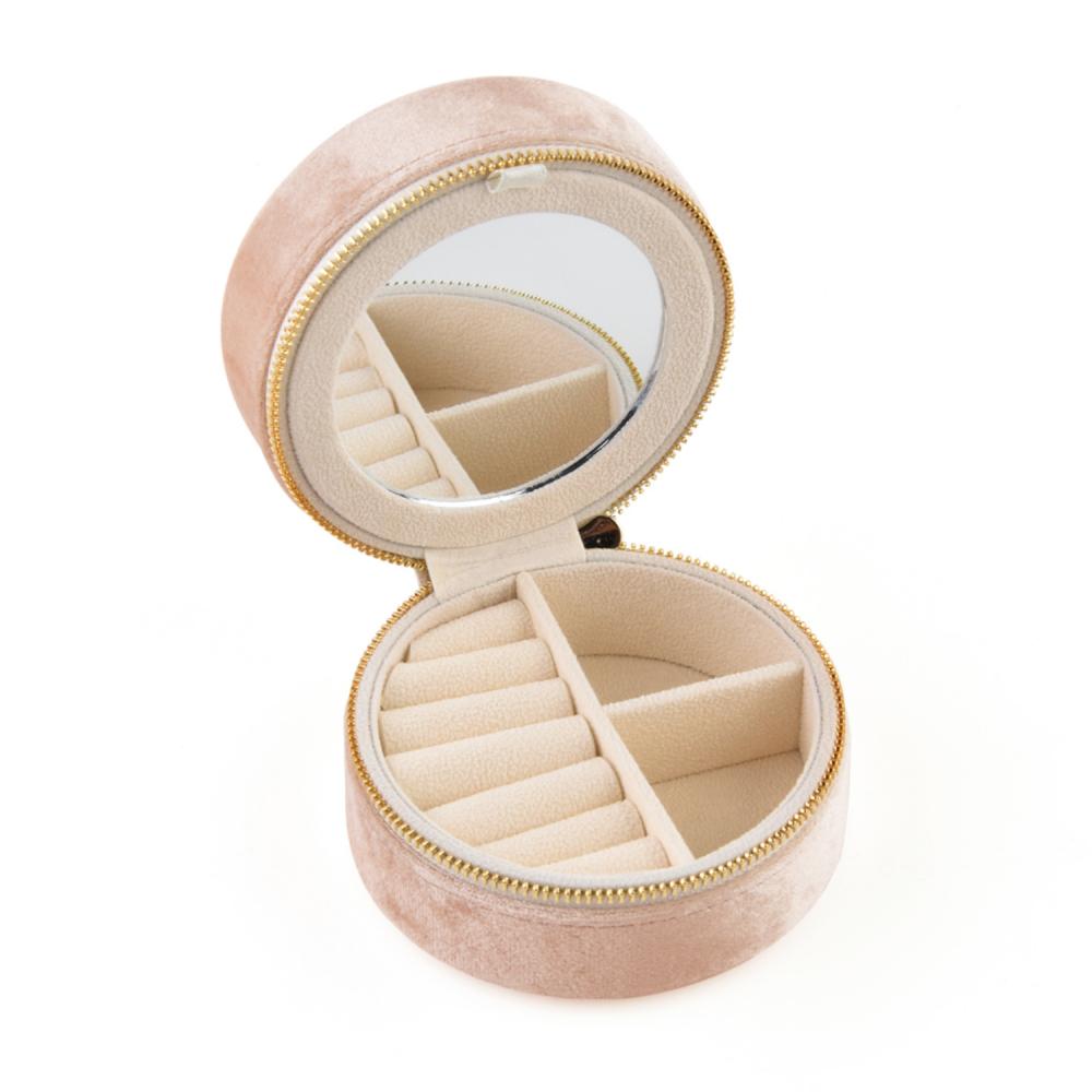 Custom Logo Round Velvet Jewelry Box with Mirror Portable Travel Zipper Rings Earrings Necklaces Jewelry Storage Box