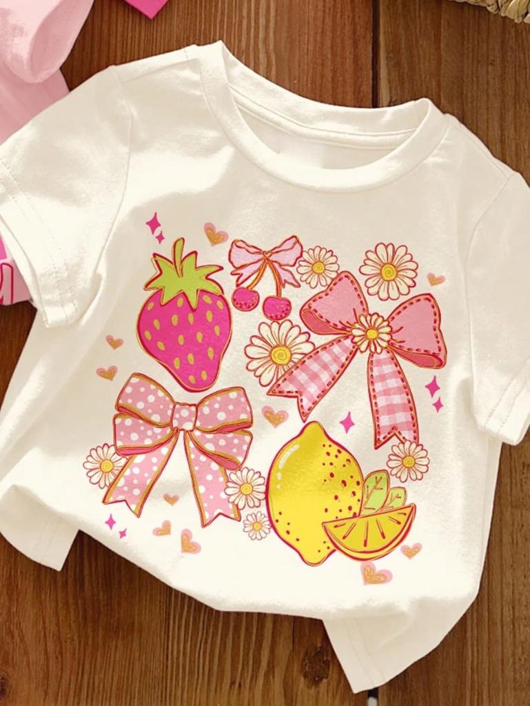 Summer Strawberry Printed T-Shirt Sweet Cute Cartoon Short Sleeve Children's T-Shirt Crew Neck Casual Tees Outdoor Girls Clothes