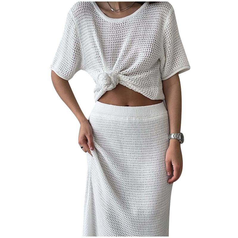 Women's Casual Suit Short Sleeved Hollowed Out Top Knitted Half Skirt Set Solid Color Versatile Summer Refreshing Wearing Temperament Elegant Dress
