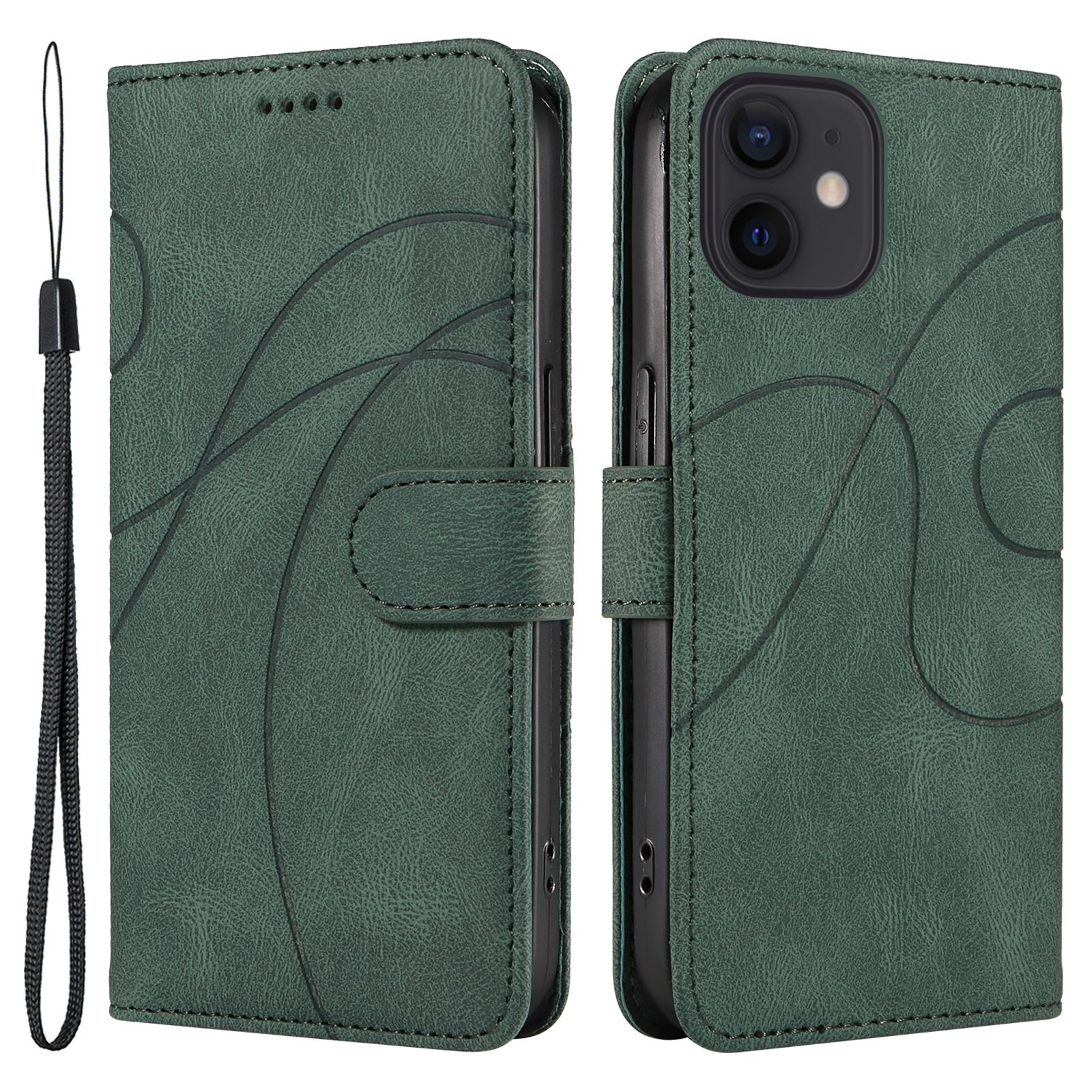

For iPhone 11 PU Leather Folio Case Wallet Stand Imprinted Line Phone Cover with Strap Green