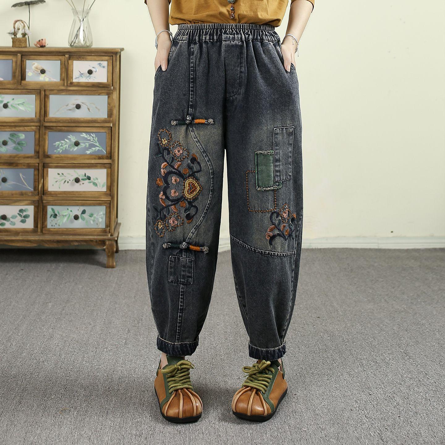 

Осень Новые Джинсы Харен с Эластичной Талией и Большой Ретро Китайской Вышивкой Женские 3XL