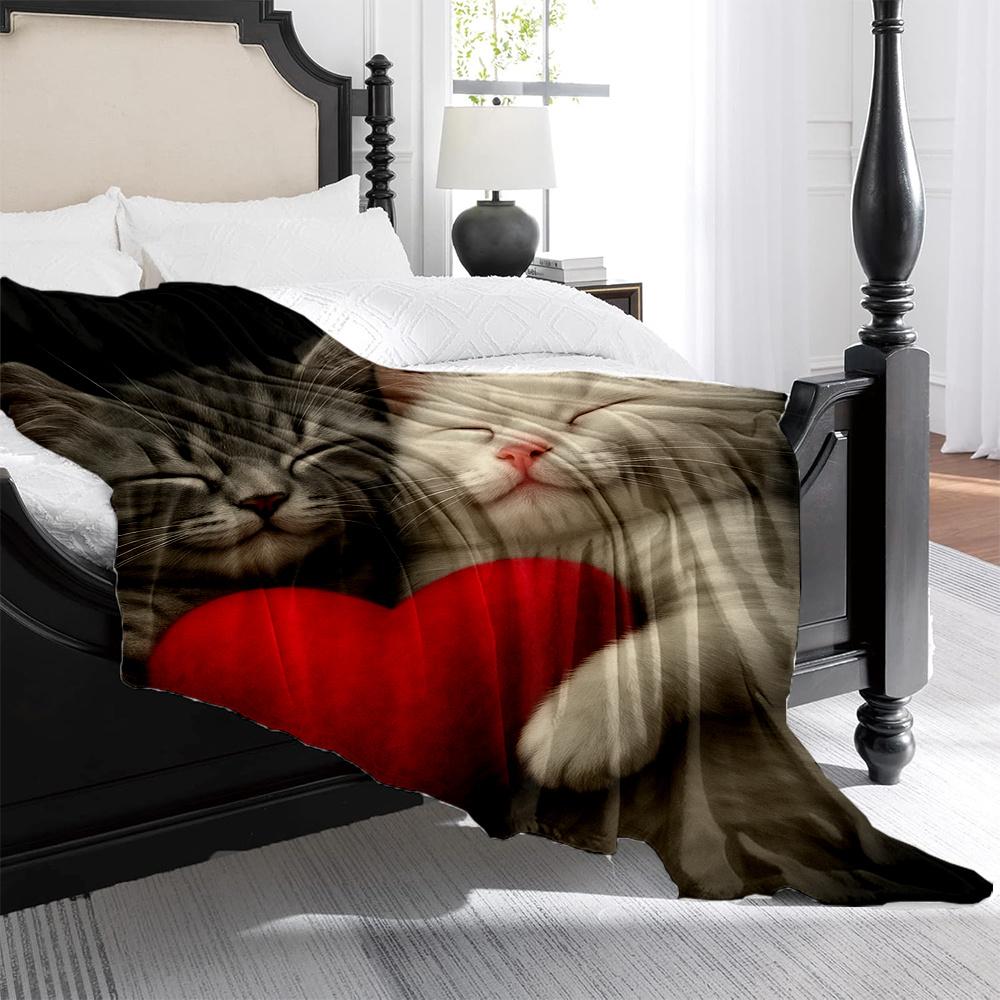 1pc Cozy Grey & White Kitten Plush Fleece Blanket - Grey Tabby & Cat with Heart Print, Soft Quilted-like Bedspread for Couch