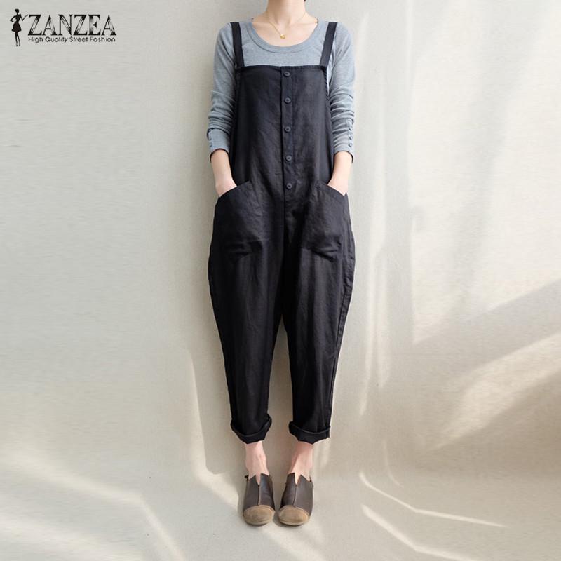 ZANZEA Women Button Down Dungaree Jumpsuit Wide Legs Romper