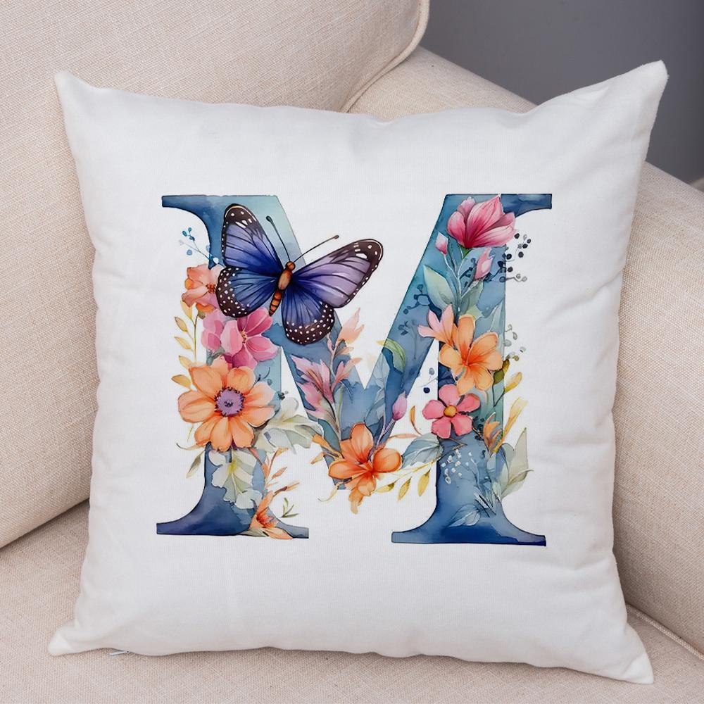 Floral Letter J Pillowcase Double Print Watercolor Letter U Cushion Cover Soft Plush Flower Letter D Pillowcase for Sofa Home