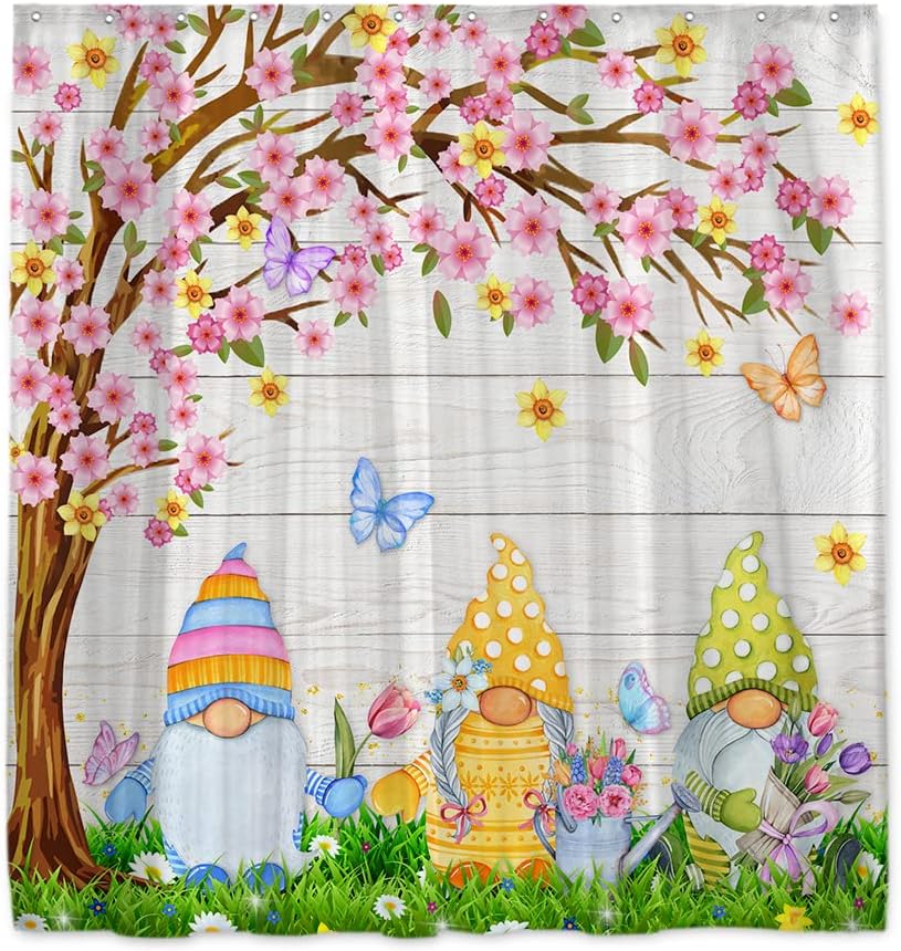 

Spring Gnomes Floral Shower Curtain With Tree & Butterfly Design, Easy Care Polyester Fabric For Cute Bath House W60H190(CM)-1 Pcs
