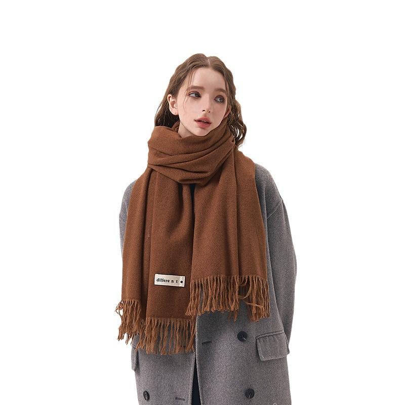 Flowing Fringe, Color-blocked, Simple Design, Faux Cashmere-like Scarf, Winter-thick, Cape-style, Student-friendly, Solid Color.