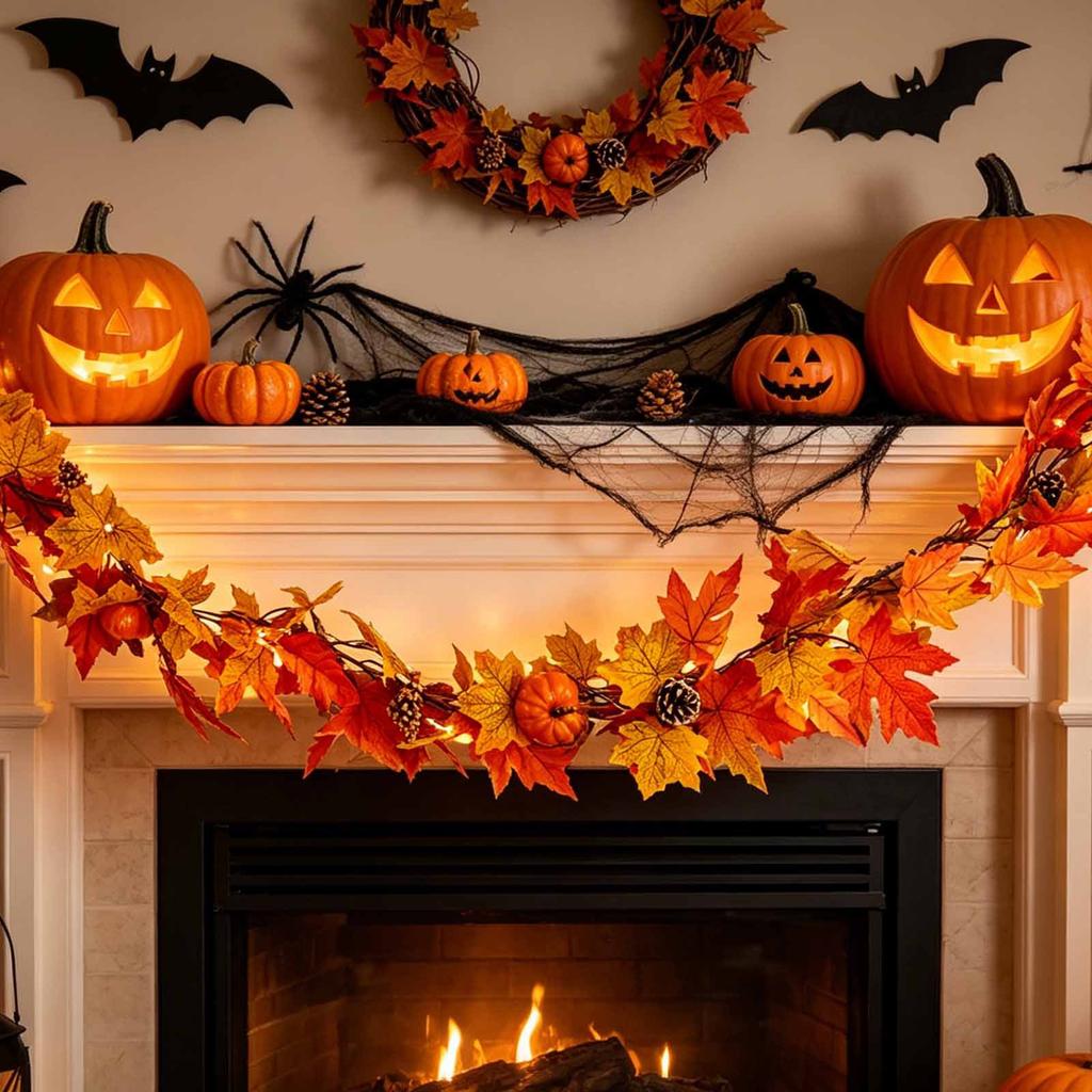 Inch Halloween Garland Decor with Artificial Pumpkin and Maple Leaves - for Mantel Cabinet