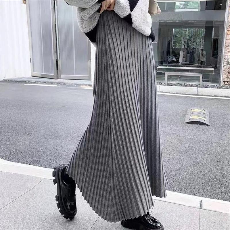 Pleated Skirt Women High Waist Slim Vintage A-Line Skirt New Autumn Winter Simple Classic Warm Female Knit Long Skirt