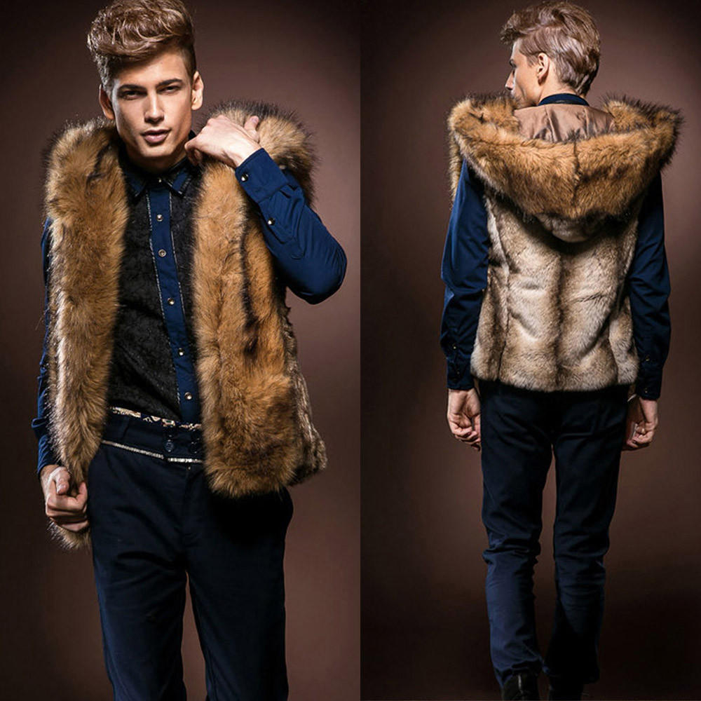 Buy Men Faux Fur Vest Jacket Sleeveless Winter Body Warm Coat Hooded
