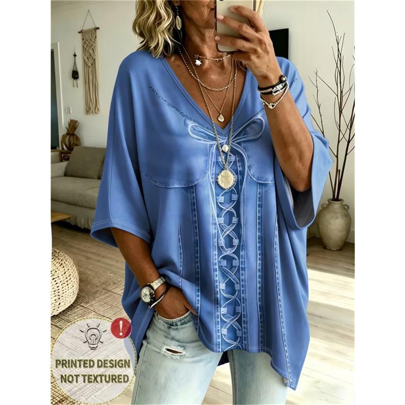 Damska Koszulka Plus Size z Dekoltem V i Rękawami nietoperzowymi Bohemian Etniczny Wzór Luźny Top Letni Wygodny Oddychający Codzienne Dojazdy Casualowy Model wyszczuplający