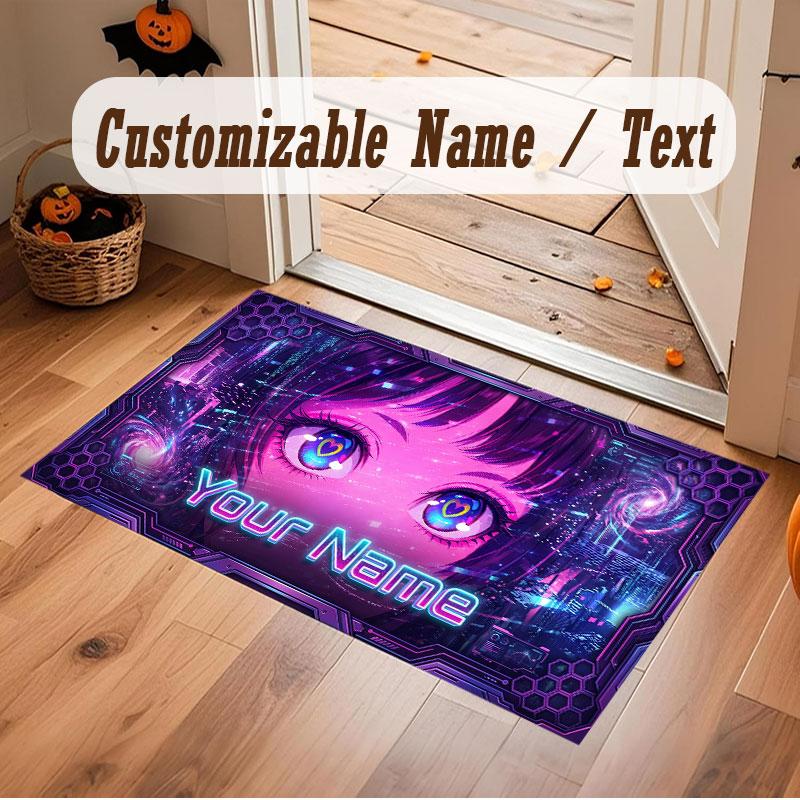 City Cyberpunk Theme Crystal Velvet Floor Rug Personalized Custom Name Text Warm Carpet Home Decoration