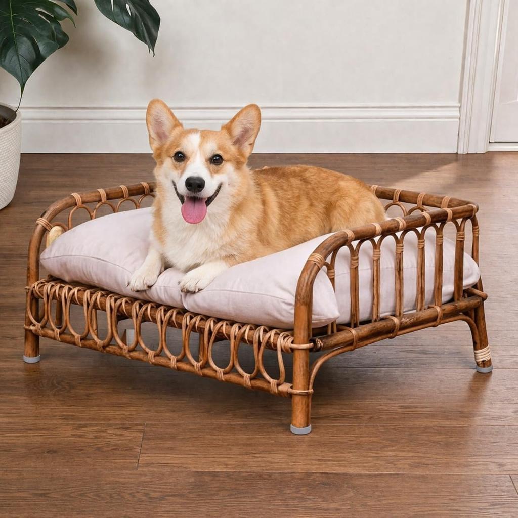 Eco Decx Rattan Pet Bed Without Cushion | Natural Woven Cane Dog & Cat Bed | Handcrafted Indoor Pet Furniture | 80 x 57 x 41 cm