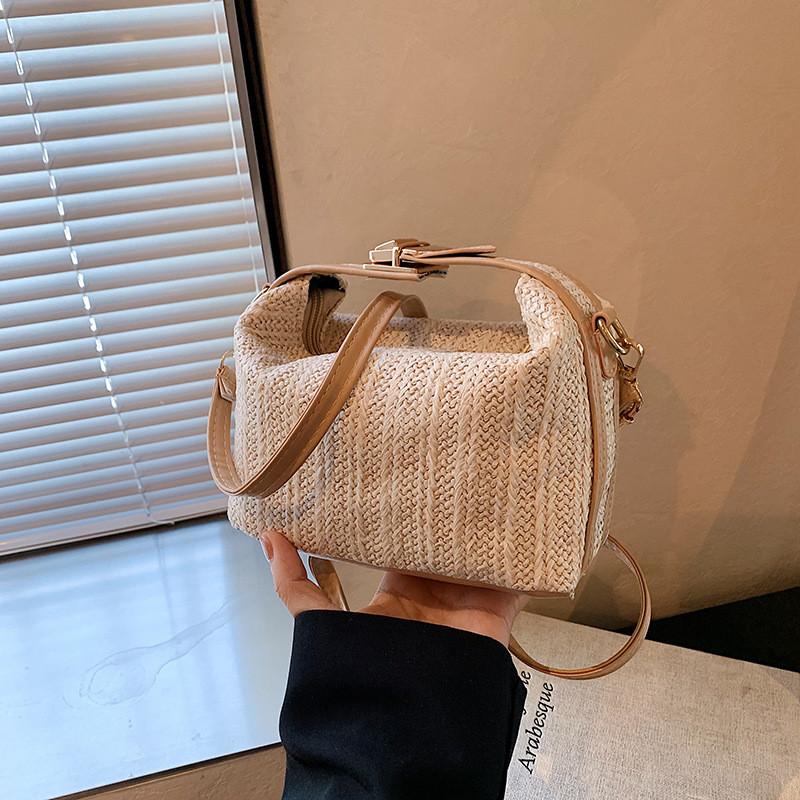 Chic Black And Khaki Pu Woven Shoulder Bag For Summer Beach Vacation Style