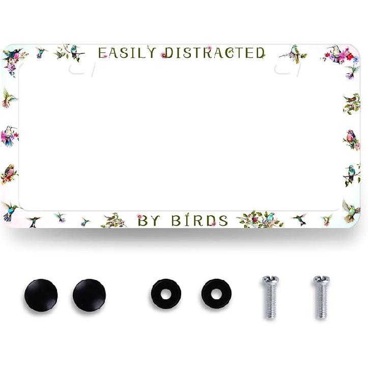 Hummingbird License Plate Frame Cherry Blossom Pink Flower License Plate Holder Colorful License Plate For Car Decoration Stainless Steel Bird Car