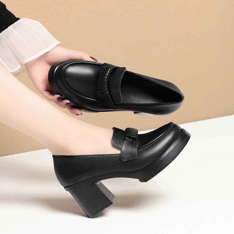 Fashion High Heels Spring New Thick Heels Mother's Shoes Deep Mouth Single Shoes For Women Thick Sole Hosting Etiquette Leather Shoes