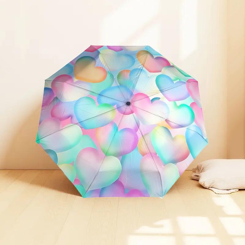Colorful Heart Pattern Automatic Opening/Closing Umbrella with Foldable Design,Iron Frame Outdoor Rain Gear for Festivals,Travelers,Daily