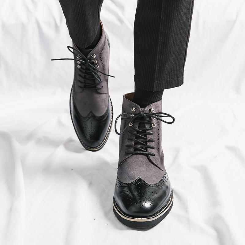 Men Dress Boots Classic Brogue Wingtip Lace-Up High Ankle Business Boots