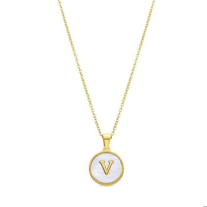 Collier - LUXENTER - Alphabet V - Nacre blanche - Or jaune 18K - 42 cm + 3 cm d'extension