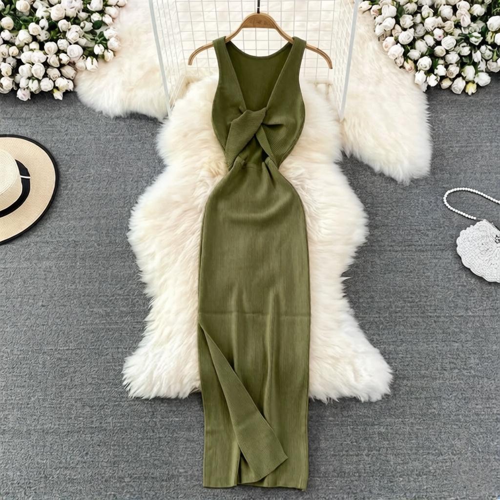 Vestido de Punto Minimalista sin Espalda para Mujer Verano SSólido de Punto sin Mangas Ajustado sin Mangas Sexy Bodycon Vestido Camiseta