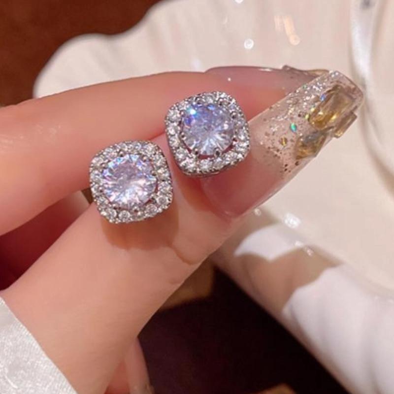 Micro-Inlaid Super Shiny Square Diamond Earrings For Women Simple And Cool Style Earrings