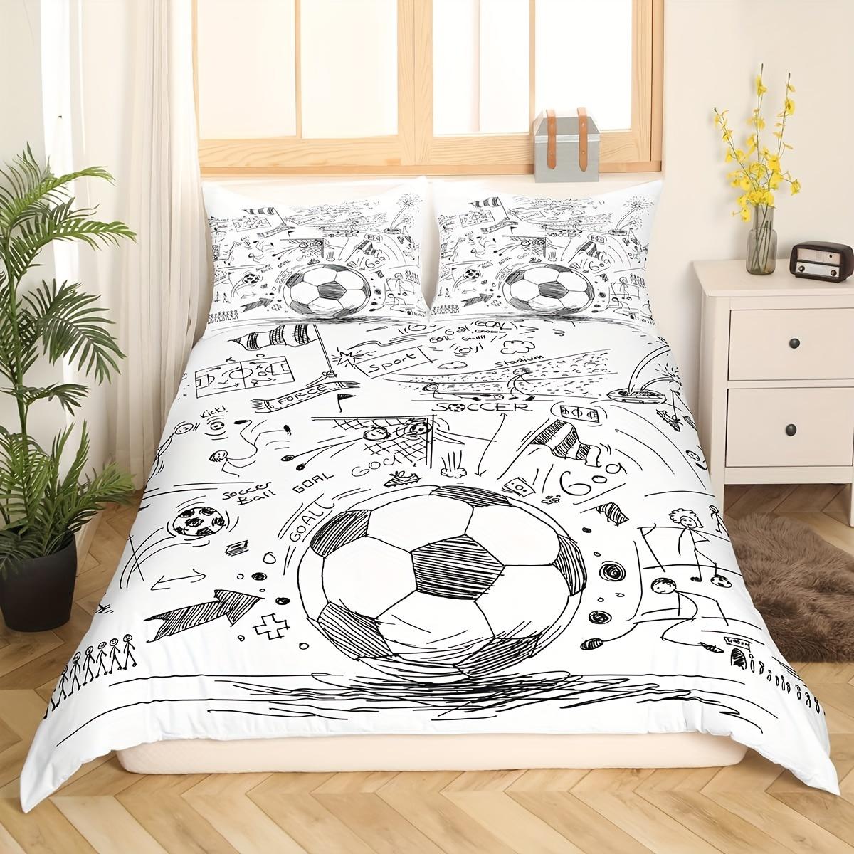 3pcs Hand Drawn Style Drawn Sketch Soccer Flag Team Sports Duvet Cover for Boys Teens Men (1 Duvet Cover And 2 Pillowcases) 155x200cm