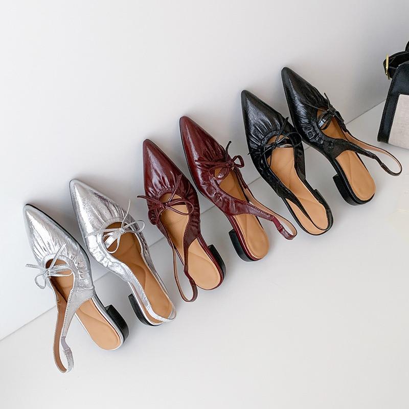 Fashion New Summer Sandals Split Leather Pointed Toe Sandals for Women Low Heels Fashion Bow Sandals Breathable Ladies Shoes Women