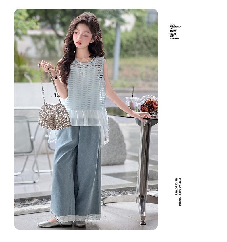 Girls' Korean Style Summer Lace Camisole & Jeans 3-Piece Set