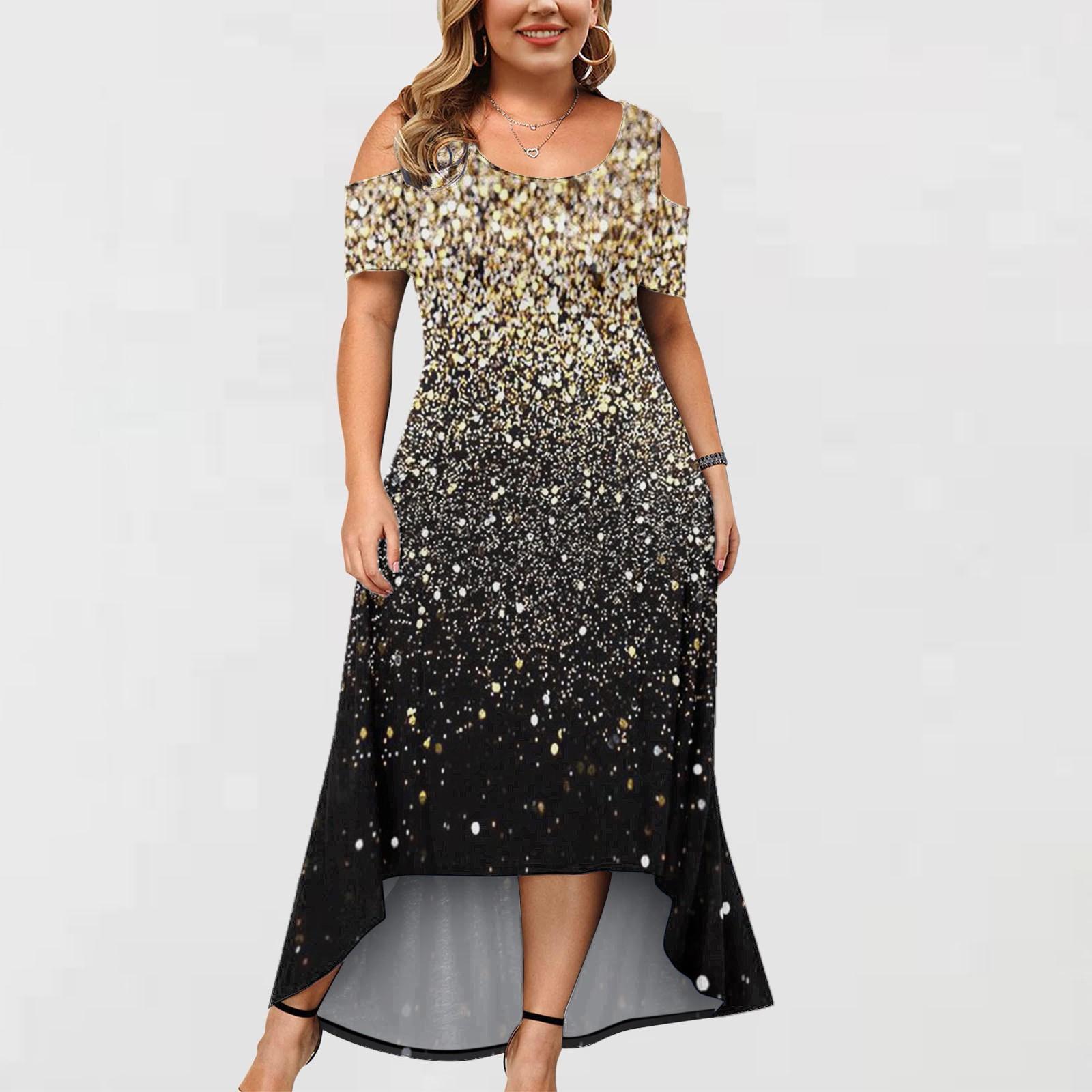 

Plus Size Women s Short-sleeved Fashion Print -neck Off-shoulder Irregular Hem Dress XXXL золотий