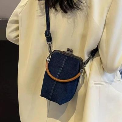 Denim Crossbody Phone Pouch Women Kiss-Lock Purse Retro Handbag with Top Handle