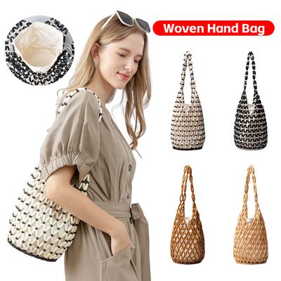 Wooden Bead Woven Hand Bag for Holiday Travels Date Handmade Beaded Shoulder Bag Casual Beach Handbag for Women