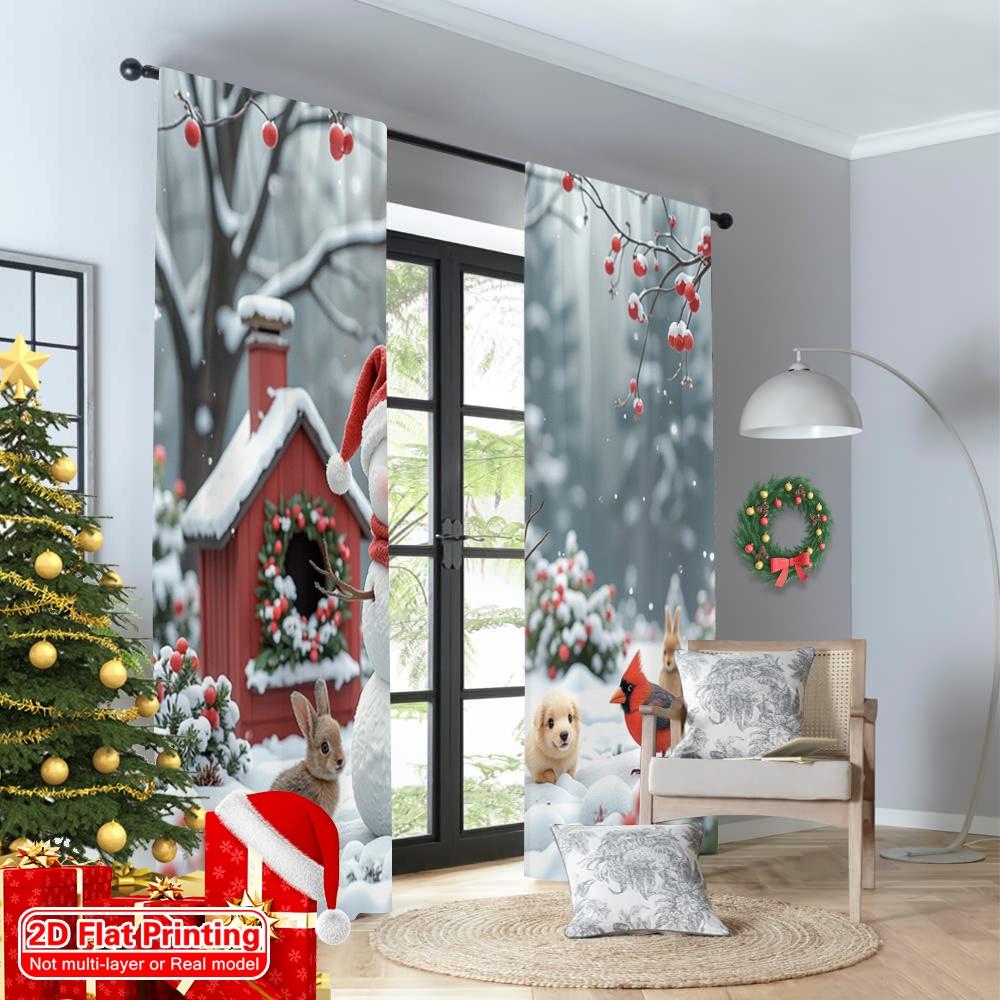 2pcs 2D Flat Printing Merry Christmas Popular Window Drapes Snowman Christmas Forest Animals Holiday Polyester Without