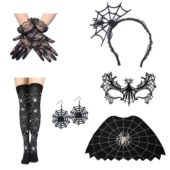 Halloween Spider Web Costume for Women Black Lace Headband Choker Gloves Spider Web Cape Masque Thigh High Long Stockings