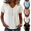 Women V Neck Short Sleeve Blouse Lace Trim Patchwork Cotton Linen Shirt Casual Summer Top Lightweight Breathable Fabric
