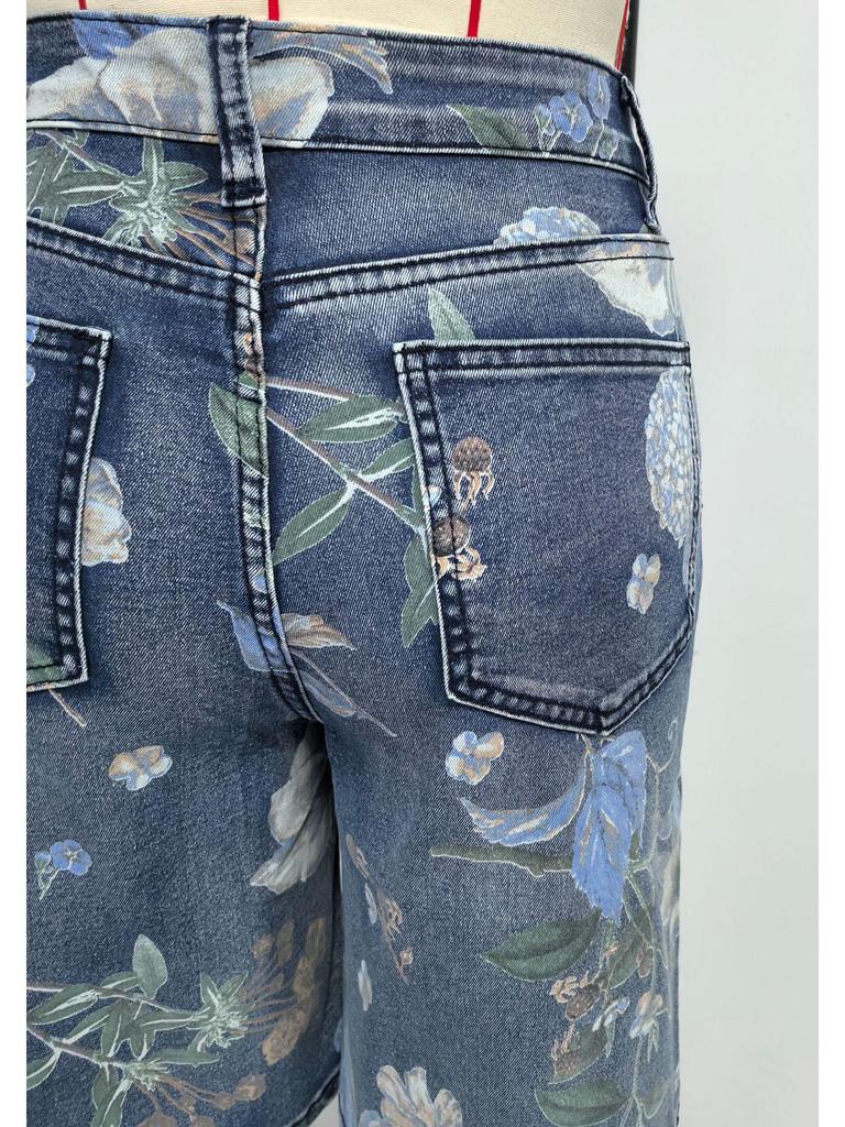 Cross2026 Florale High-Waist Wide-Leg Denim Capris für Damen
