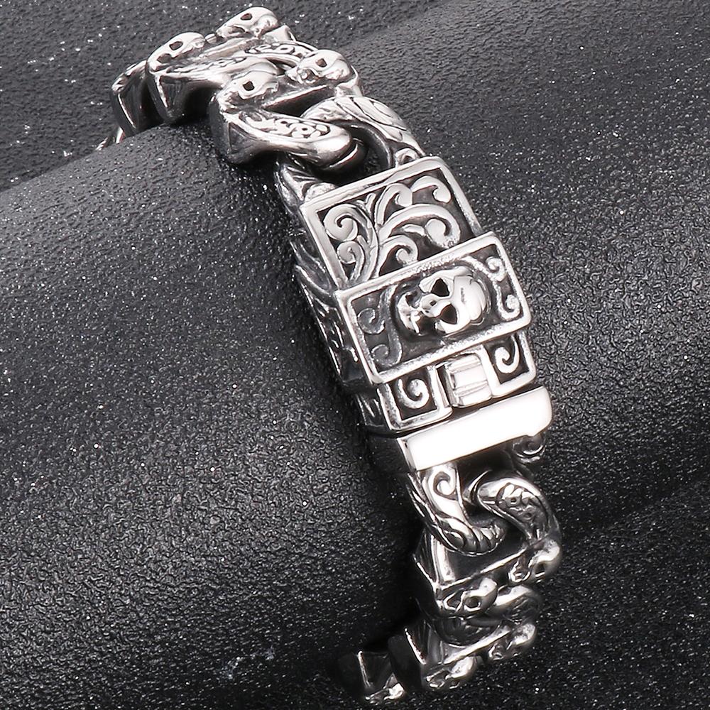Pánský Cool masivní ocelový náramek s lebkou a tváří v tvář kubánský řetízek pro muže unikátní gotický punk rock šperky příslušenství halloweenské dárky