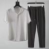 Men's Summer Ultra-Thin Ice Silk Linen Two-Piece Suit: Loose Mid-Sleeve T-Shirt Sportswear