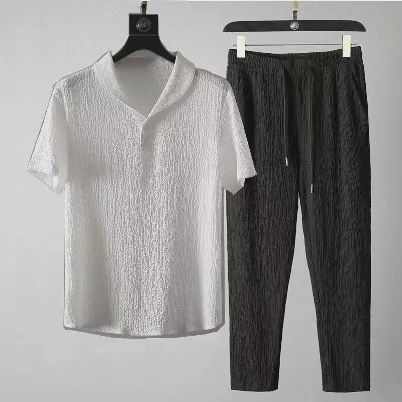 Men's Summer Ultra-Thin Ice Silk Linen Two-Piece Suit: Loose Mid-Sleeve T-Shirt Sportswear