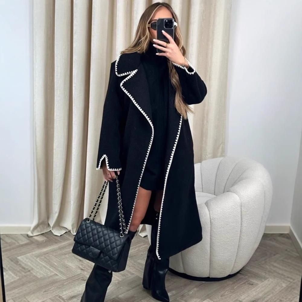 

Осень-зима 2024 года, новое двухстороннее шерстяное пальто с длинными рукавами и вышитыми лацканами, свободная ветровка S чёрный