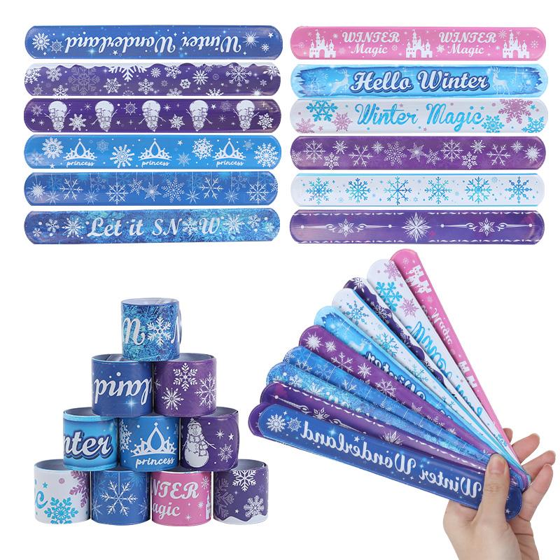 12Pcs Frozen Party Snowflake Slap Bracelets Kids Birthday Party Favors Goodie Pinata Fillers 2025 Winter Christmas Party Gifts