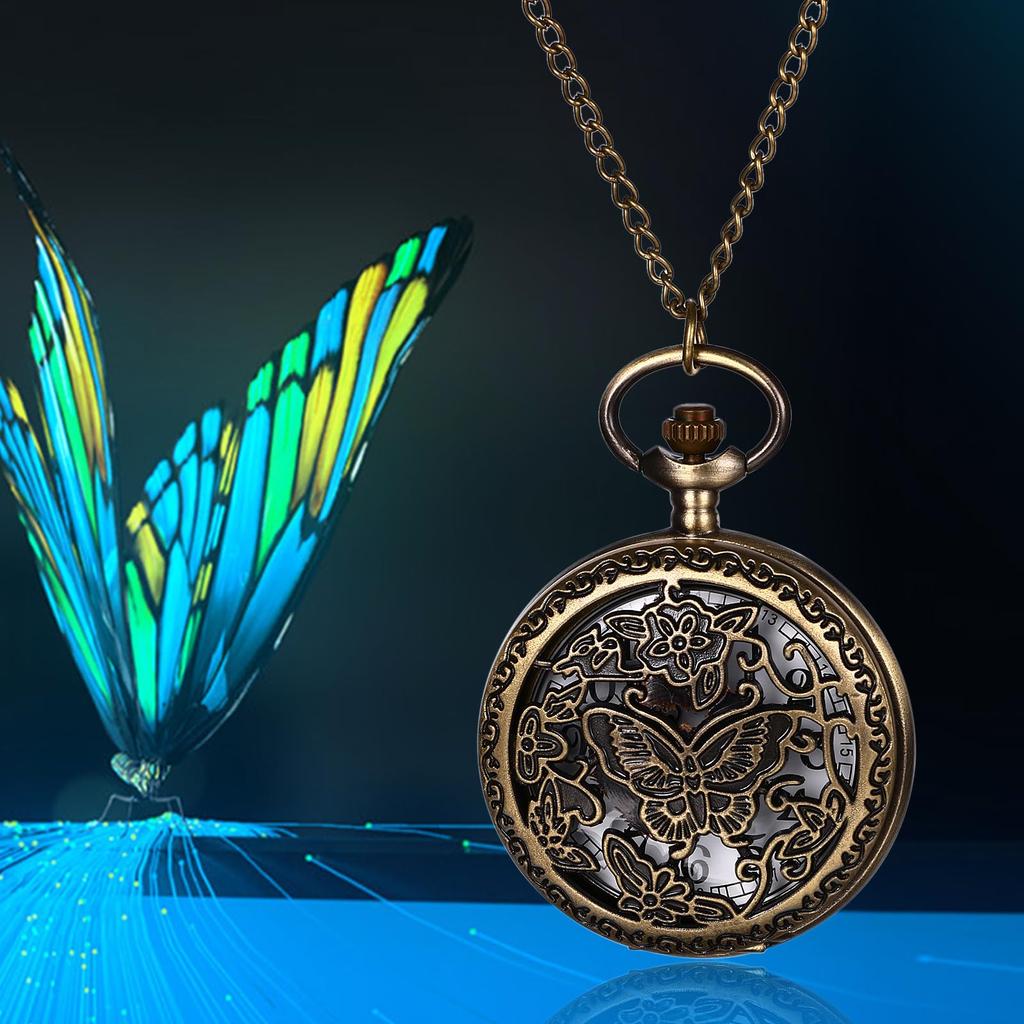 Pocket Watch Antique Butterfly Skeleton Analog Display Waterproof With Cover Pendant Necklace Chain Bronze Retro Fashion Accessory Birthday