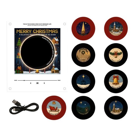 Vintage Style Desk Accessory Programmable Vinyl Record Player Fridge Magnet with 9 NFC Music Records, Retro Aesthetic Magnetic Office Atmosphere Decor